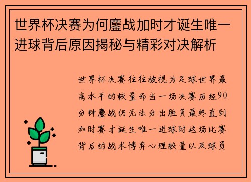 世界杯决赛为何鏖战加时才诞生唯一进球背后原因揭秘与精彩对决解析